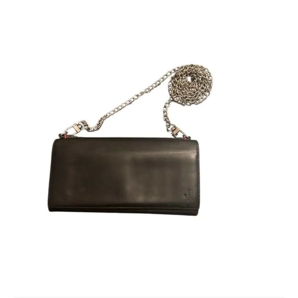 Gucci Bifold Long Wallet Black Leather With Silver Chain Strap Cocktail Party - Picture 2 of 16